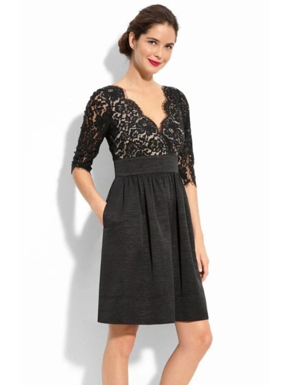 Gabby Skye Fit Flare Cocktail Dress Size 10 Black Sheer Floral Lace Pleated Skir